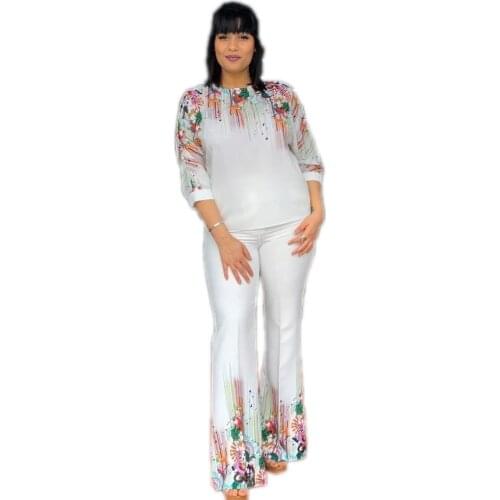 2 Piece Sets African Sets For Women 2021 New African Print Elastic Bazin Baggy Pants Rock Style Dashiki Sleeve Famous Suit Lady