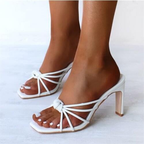 Nice Sandals Fashion white Weave Women Mules High Heels Slippers Sandals Sexy Square Open-toed Heel High Quality Shoes