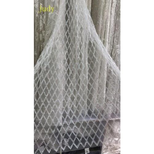 Crystal white embroidered beads sequin twill checked fabric is suitable for wedding party stage fashion XY01# Free shipping