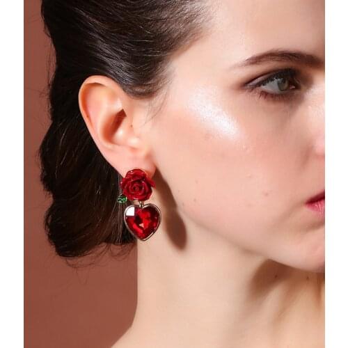 Fashion Jewelry Elegant New Arrival Red Color Rose Design Creative Lovely Memorable Heart Pendant Earring For Girfriend