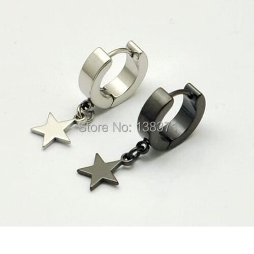 Width 4 mm Five-pointed star titanium steel Men pendant Drop earrings 2 colors for choose free shipping