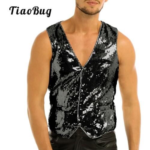 Mens Slim Fit Sequins Vest V-Neck Shiny Party Dance Dress Suit Stylish Waistcoat