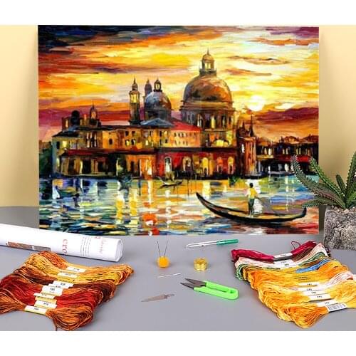 The Golden Skies Venice Pre-Printed 11CT Cross-Stitch Kit DIY Embroidery DMC Threads Painting Sewing Handiwork Craft Package