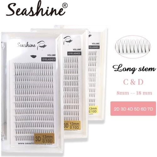 Seashine Eyelashes Extensions Long Stem 2D-7D Long Stem 0.05 Thickness Heat Bonded Premade Volume Fans Eyelash Extension Premade
