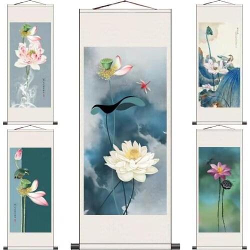 Chinese Style Lotus Wall Paintings Vintage Living Room Bedroom Home Office Decor Wall Art Posters Flower Decoration Tapestry