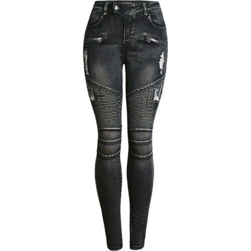 2021 New Fashion Motorcycle Hole Slim Elasticity Jeans Women Spring Summer Black Denim Pencil Pants Tight Casual Trousers KW1122