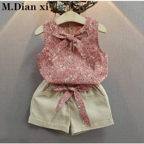 2020 Summer New Rural Wind Childrens Clothing Sleeveless Floral Bow Vest + Shorts Suit Summer Girls Set 3-8Y