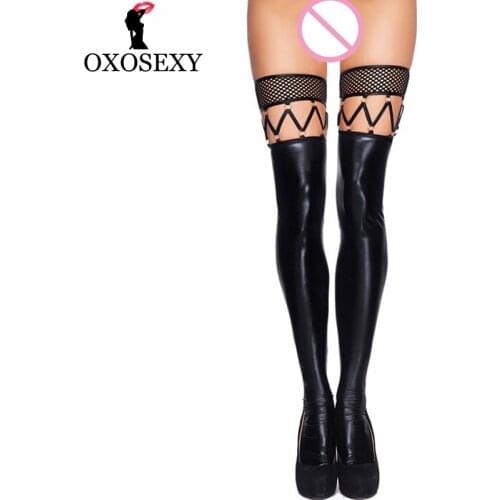 Bandage Faux Leather Sexy Stockings Long Thigh High Boots Leather Stockings Mesh Wave Medias Hot Sexy Lingerie Pole Dance 535