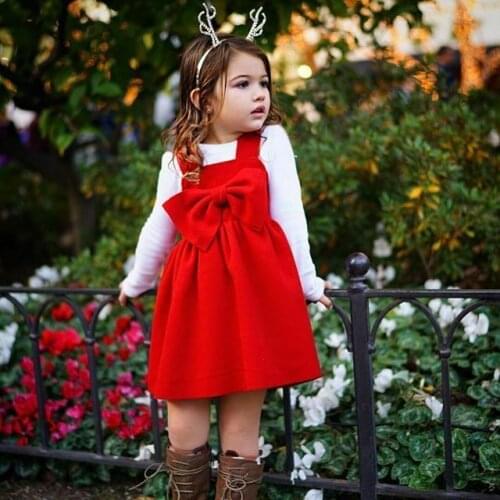 Kids Baby Girls Bow Dress Velvet Princess Party Christmas Suspender Dress