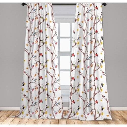Autumn Window Curtain Watercolor Birds on a Tree with Yellow Leaves During Fall Season Lightweight Decorative