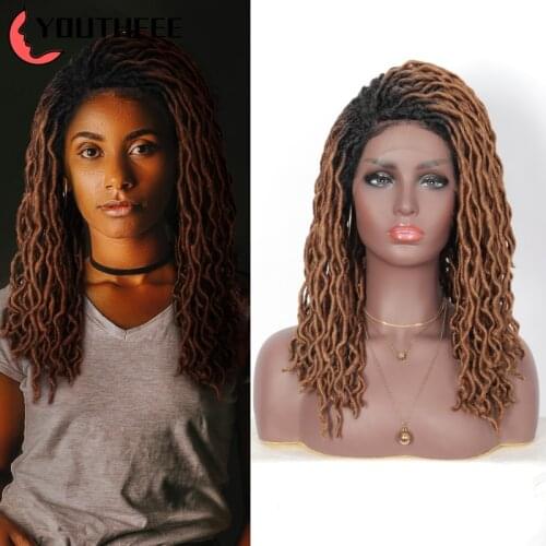 Youthfee 18 Inch Hand-Braid Swiss Lace Front Natural Curls Dreadlocs Braided Wig For Black Women, Side Lace Part Synthetic Wigs