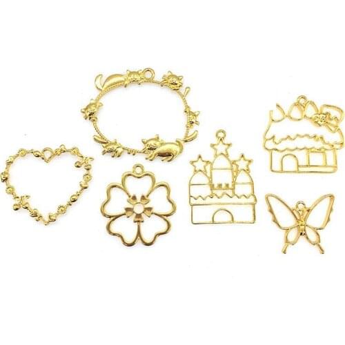 New 10pcs/lot Girl loving heart castle butterfly Metal Frame Pendant Gold Charm Bezel Setting Cabochon Setting UV Resin Charm