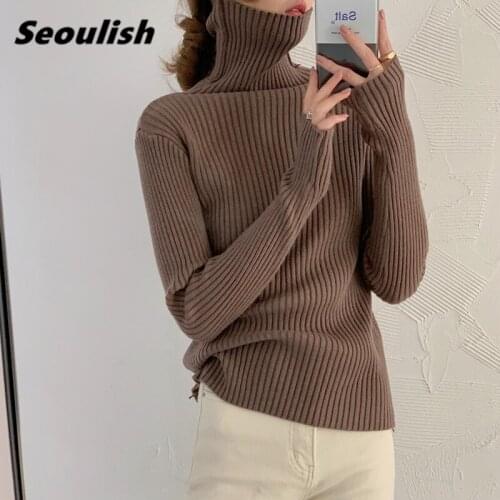 Seoulish 2021 New Thicken Warm Womens Sweater Autumn Winter Pullovers Elegant Solid Turtleneck Long Sleeve Knitting Tops Female