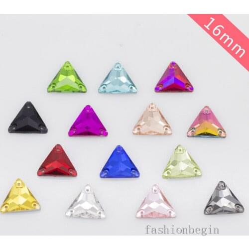 30p 16mm triangle Sew on Foiled Flatback Glass Gems faceted crystal Rhinestones 3-Holes Diamante for Wedding Garment sewing DIY