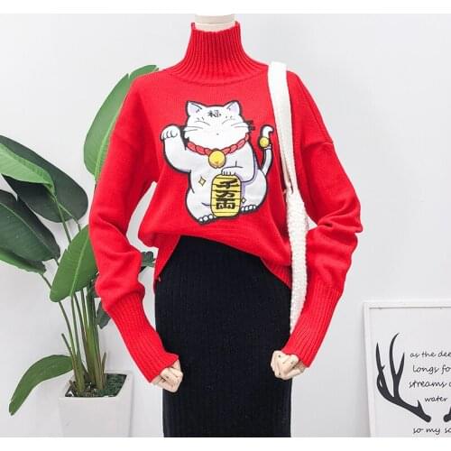 Lucky Cat fashion brand Womens Clothing basic Knitted sweater fall winter female Pullover turtleneck sweaters cartoon tops red