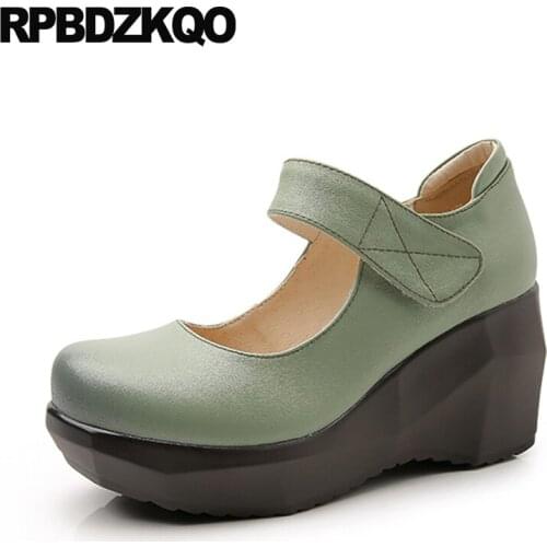 Strap Handmade Folk Harajuku High Heels Genuine Leather Red Wedge Pumps Round Toe 8cm Sheepskin Shoes Women Size 33 Mint Green