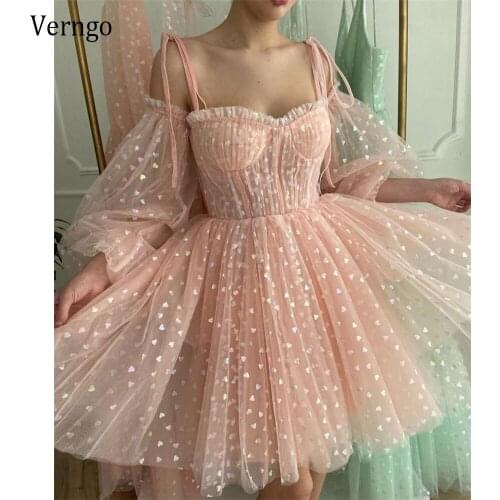 Verngo 2021 Rose Pink Tulle With Hearts Short Prom Dresses Off Shoulder Puff Long Sleeves Ribbon Straps Mini Formal Party Gowns