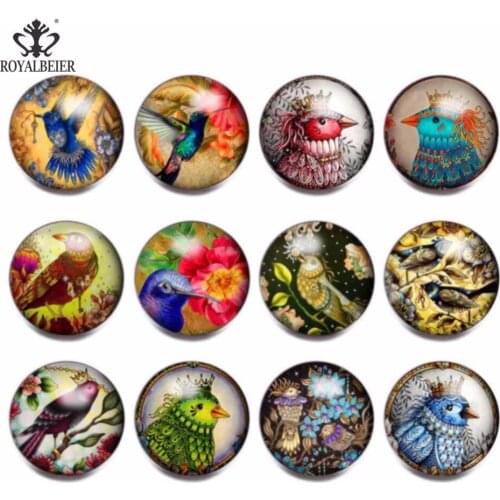 RoyalBeier Loving Birds 18mm Snap Buttons 12pcs/Lot Convex Glass Snaps Fit DIY Bracelets For Charms Unisex Jewelry Bijoux