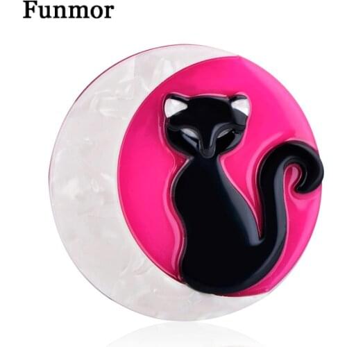 FUNMOR Moon With Black Cat Brooch Handmade Acrylic Brooches For Women Girls Animal Badge Banquet Dress Ornamental Collar Clips