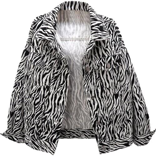 2021 Spring New Zebra Pattern Short Denim Coat Women Clothes Korean Fashion Long Sleeve Jeans Jacket Ladies Loose Outerwear G831