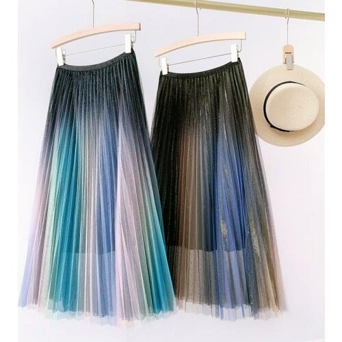 OHRYIYIE New Arrival Gradient Color Tulle Skirt Women 2020 Casual High Waist Rainbow Skirt Female Party A-line Skirt Jupe Longue