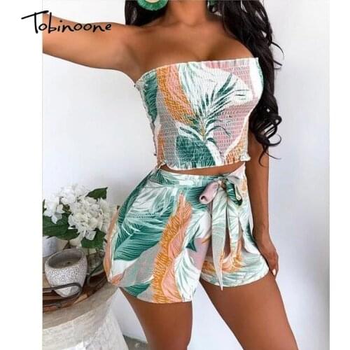 Tobinoone Strapless Ruched Crop Top And Tie Shorts Set Women Floral Print Ruffle Backless Two Piece Set Summer Party 2 Piece Set