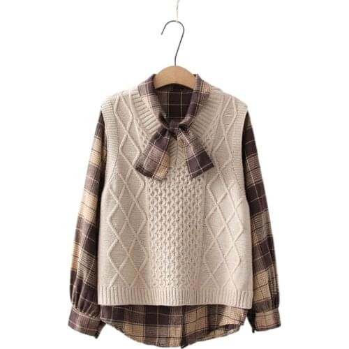 Women 2 Piece Sets Clothing Long Sleeve Bow Collar Plaid Shirt And Sleeveless Knitted Vest 2021 Spring Korean Fashion Casual Set