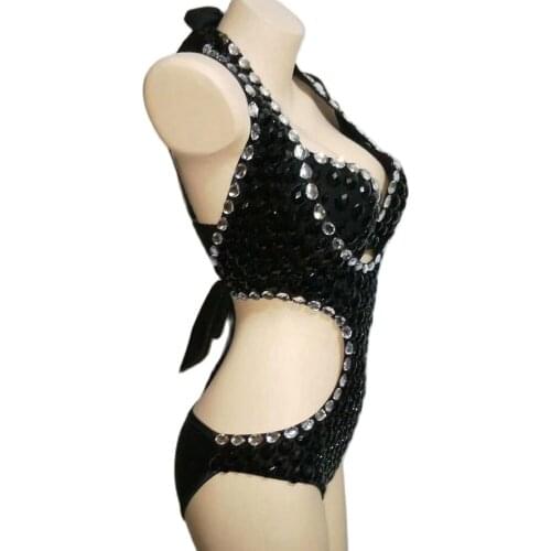 Nightclub Party Singer Stage Outfit Women Bra Shorts Two-Piece Set Luxury Sparkling Diamonds Black Pole Dancing Costumes