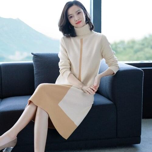 Women Cashmere Dress Autumn Winter Fashion Patchwork Color Turtleneck Thick Warm Sweater Wool Dress Pullovers