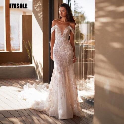 Fivsole Sexy Spaghetti Straps Mermaid Wedding Dress Lace Applique Backless Tulle High Quality Bride Gowns Long Train Vestidos