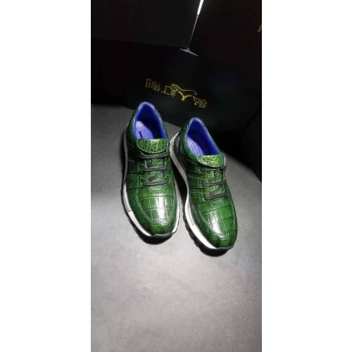 100% Genuine real crocodile skin men shoe matt green colors crocodile belly skin men fashion sport leisure shoe