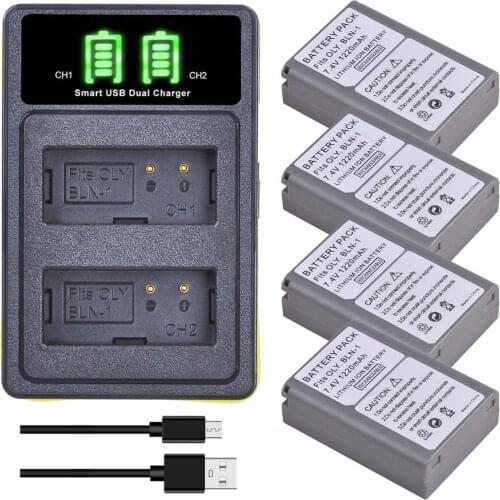 4pcs 1220mAh 7.4V BLN-1 BLN1 Battery& LED USB Charger for Olympus E-M5 OM-D E-M1 E-P5 Cameras Battery