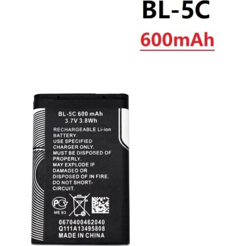 3.7V 600mAh Battery BL-5C BL5C BL 5C Rechargeable Batteries For Nokia 2112 2118 2255 2270 2280 2300 2600 2610 3125 3230 1pcs