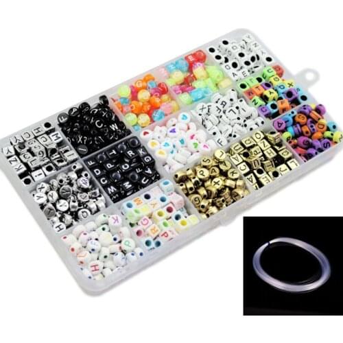 1100pcs 15 Color Acrylic Alphabet Letter Beads with 1 Roll Crystal String