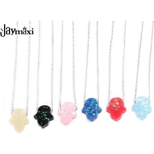 Jaymaxi Hamsa Hand Fatima Necklace 1mm 45cm Chain Stainless Steel Children Women Opal Stone Necklace 5Piece/lot