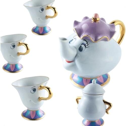 Cartoon Beauty And The Beast Tea Set Potts Chip Pot Cup Coffee Cup Cute Christmas Birthday Gift [1 cans + 3 cups + 1 sugar bowl]
