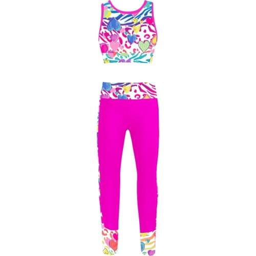 Kids Girls Gymnastics&Dancewear Outfit Digital Print Sleeveless Mesh Racer Back Tanks Crop Top with Leggings Children Tracksuit