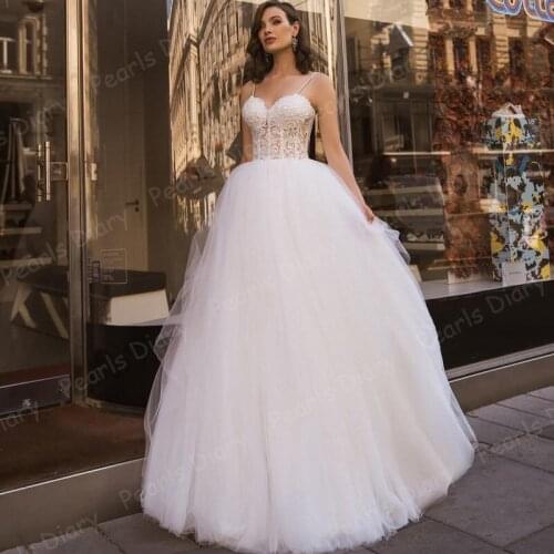 Elegant Spaghetti Straps Lace Wedding Dresses Pearls Puffy Corset Bridal Gown 2020 Vestido de Novia Simple Ball Gown Bride Dress