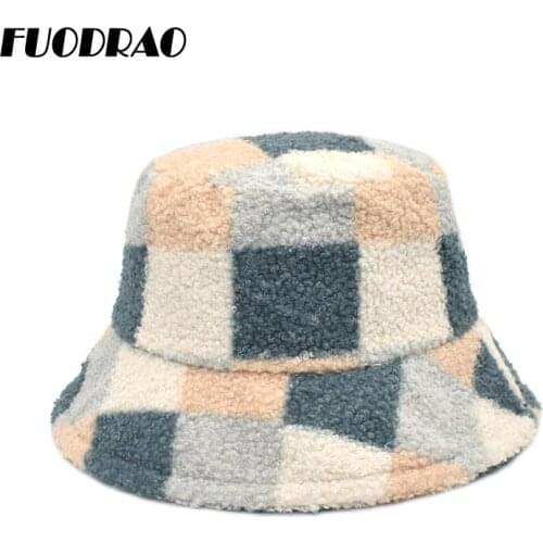 FUODRAO New Winter Bucket Hats For Women Faux Lamb Wool Panama Girls Hat Thick Warm Outdoor Fisherman Cap Men M136