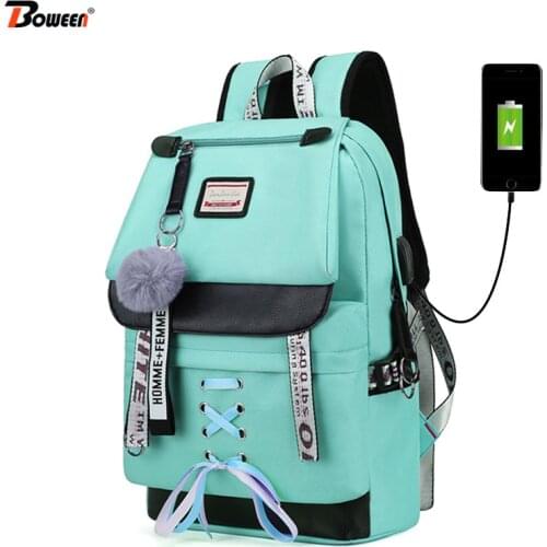 Canvas Large Capacity Usb School Bags for Girls Teenagers Backpack Women Bookbags Green Middle High College Teen Schoolbag Girl