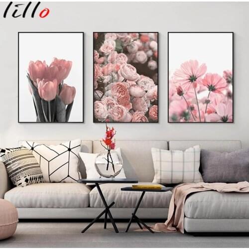 Pink tulip rose flower canvas painting wall art picture of girl bedroom decoration poster modern living room fashion prints deco
