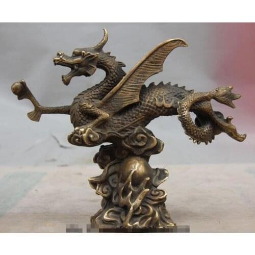 Chinese Copper Sculpture Fengshui Fly Dragon Pterosaur Hold Bead Statue