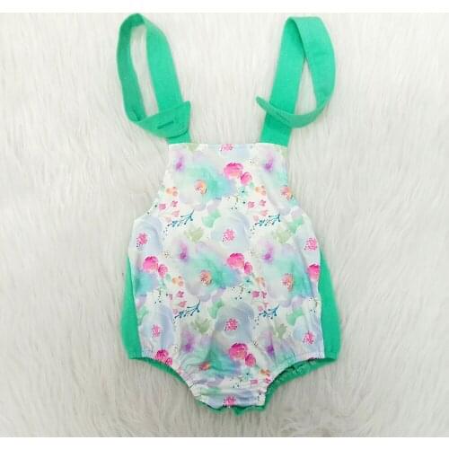 Baby girl wide leg romper green belt and flowers pattern one piece girl cute romper with button