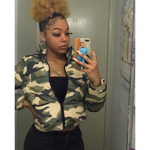 Army Green Camo Print Women Cotton Padded Coat Zipper Long Sleeve Short Jacket Female Fashion Winter Warm Outerwear