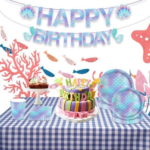 8 Guests Mermaid Disposable Tableware Little Mermaid Napkin Plate Under the Sea Girl 1st Birthday Happy Birthday Decor Kids Girl