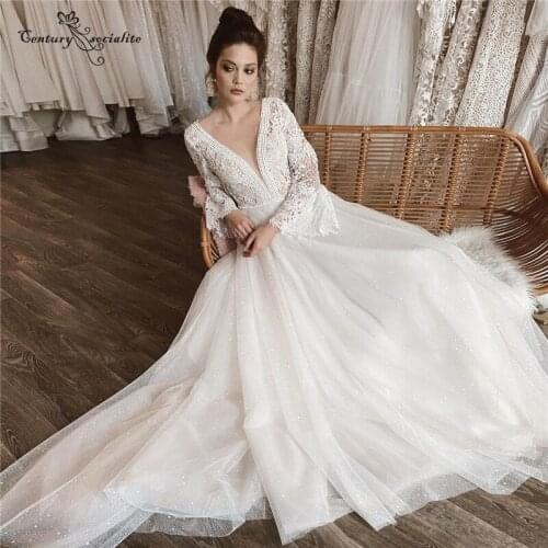 Long Sleeve Wedding Dresses Boho Sheer O-Neck Backless Lace Chiffon A-Line Bohemian Bride Gowns Beach Vestido De Noiva 2021