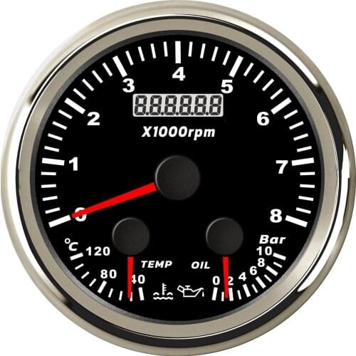 Pack of 1 Multifunction 3-In-1 Gauges 0-8000RPM Tachometers Black Oil Pressure Gauges 85mm Water Temperature Meters for Car Boat
