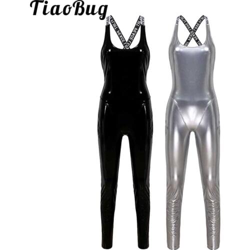 Women Patent Leather Bodysuit Sleeveless Jumpsuit Ballet Dancewear Gymnastics Leotard Yoga Sports Unitards Performance Costume