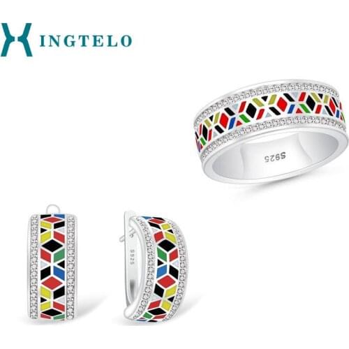 XINGTELO Enamel Ring and Earrings Colorful Geometric Pattern 925 Sterling Silver Bridal Jewelry Set Wedding Accessory for Women