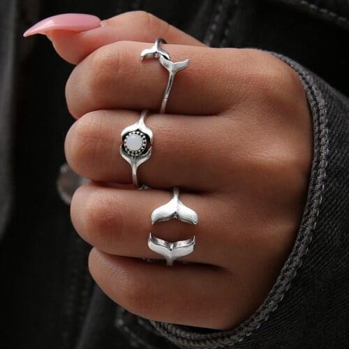 Fashion Simple Cute Whale Tail Opal Ring Set for Women Jewelry Gifts